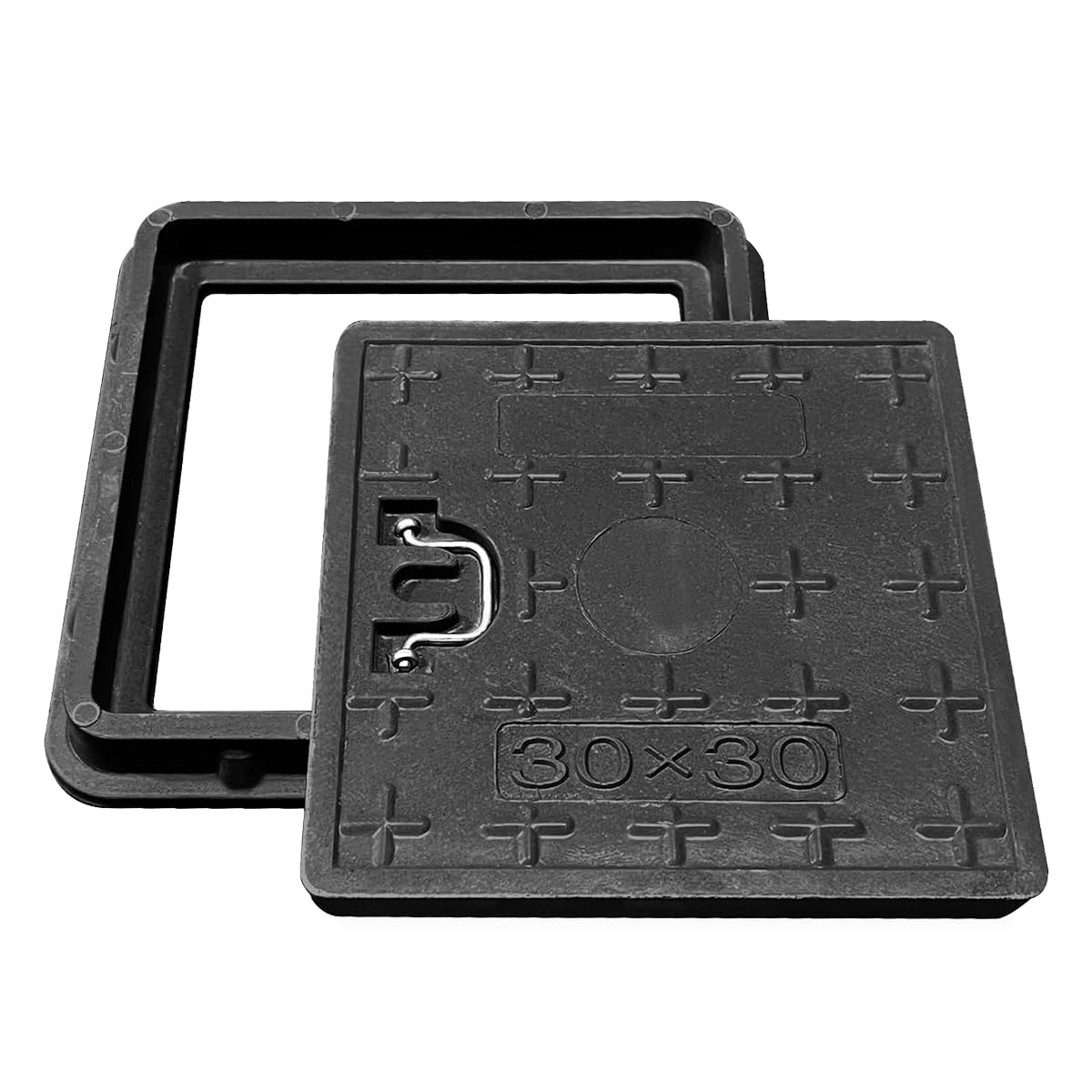 HASTHIP® Square Manhole Cover - Lightweight Resin Manhole Cover with Folding Metal Handle, 11.8''x11.8''x1.37'' Square Inspection Chamber Cover for Urban Utility Access