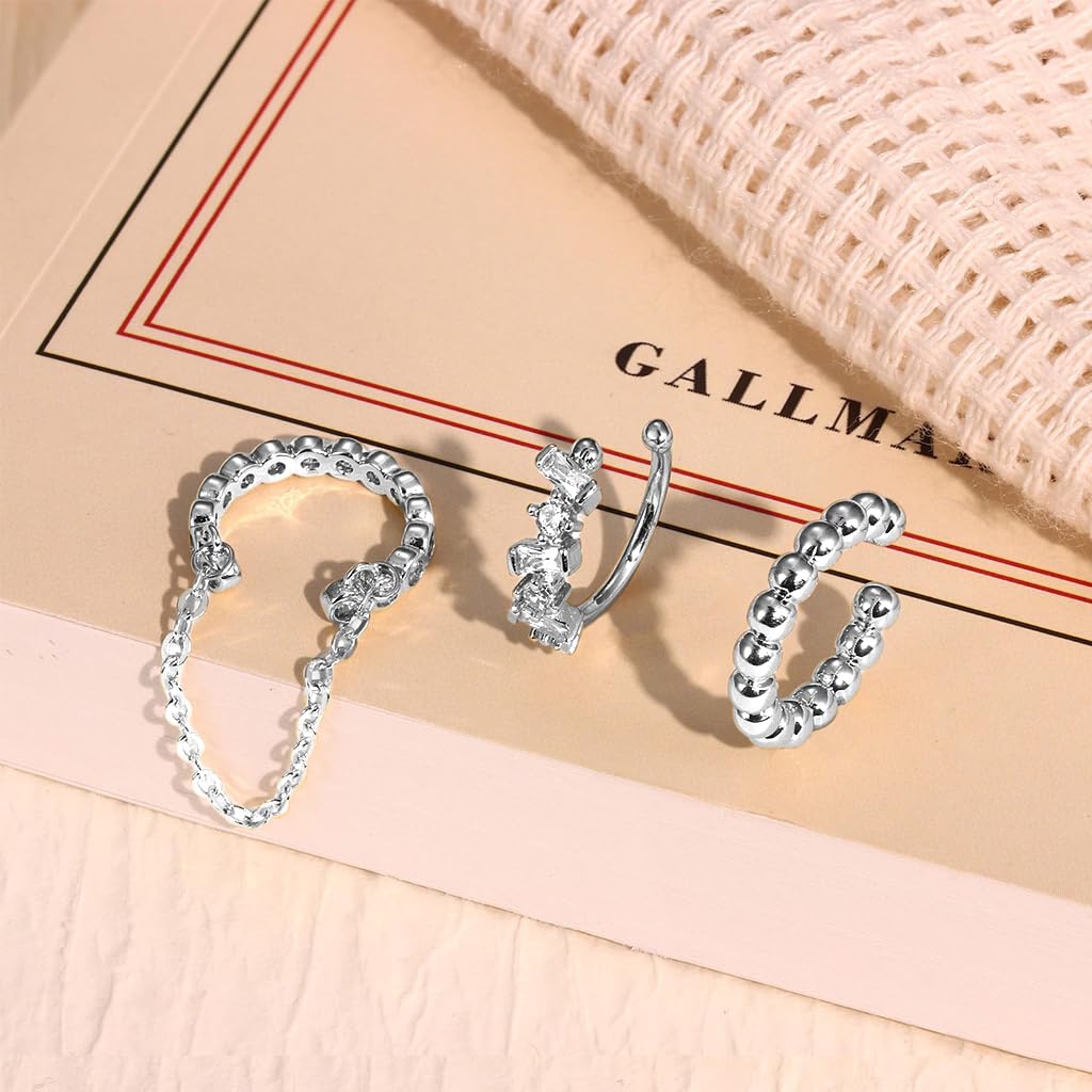 SANNIDHI Ear Cuff Earrings for Women with Non Piercing Clip On Design and Silver Finish | 3 Pairs Hypoallergenic Trendy Jewelry