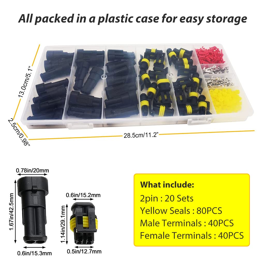 ZIBUYU 2 Pin Car Electrical Wire Connectors for 16-22 AWG with Silicone Seal | 20 Sets