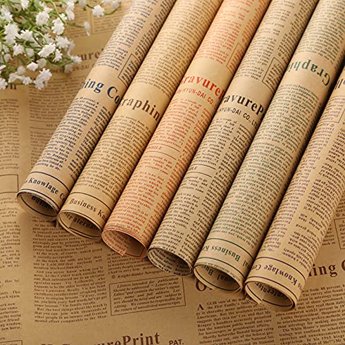 HASTHIP® 6 Sheet Flower Packing Papers Gift Wrapping Paper Retro Newspaper Style Brown Package Paper for Gifts, Flower, 50x70cm