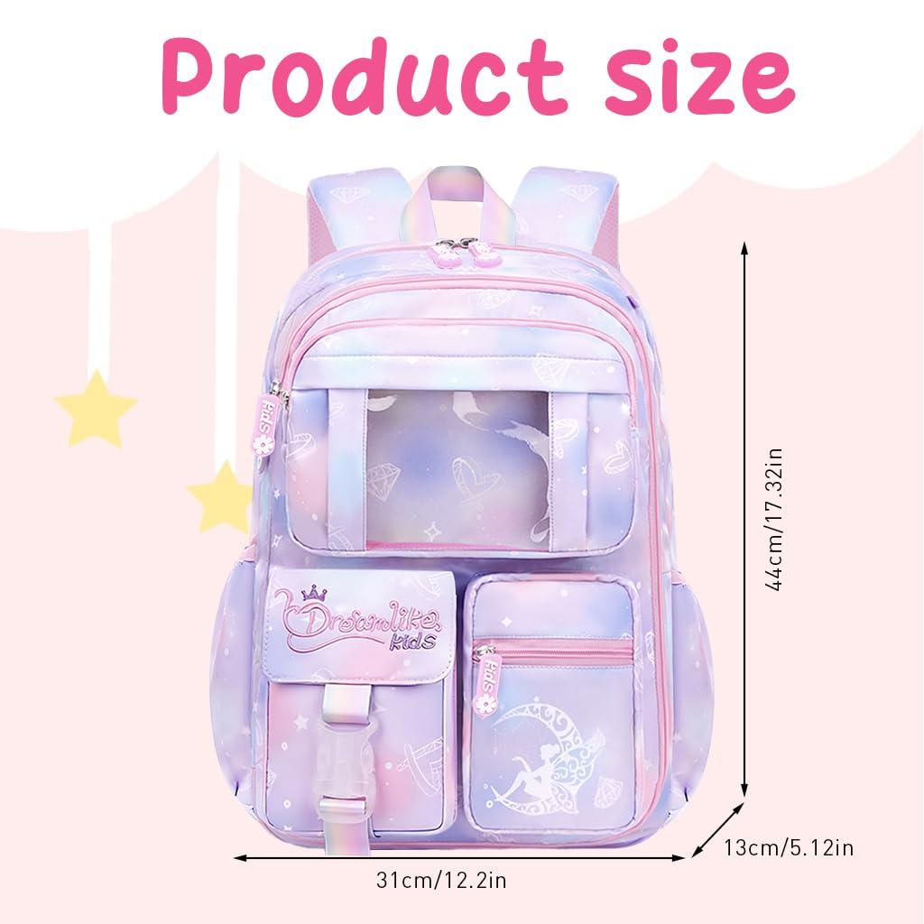 PALAY® Girls School Backpack Girls School Backpack Stylish School Bags Dreamy Purple Cartoon Print Schoolgirls Backpack Large Burden Relief Oxford Cloth School Backpack Gift Children's Day Gift