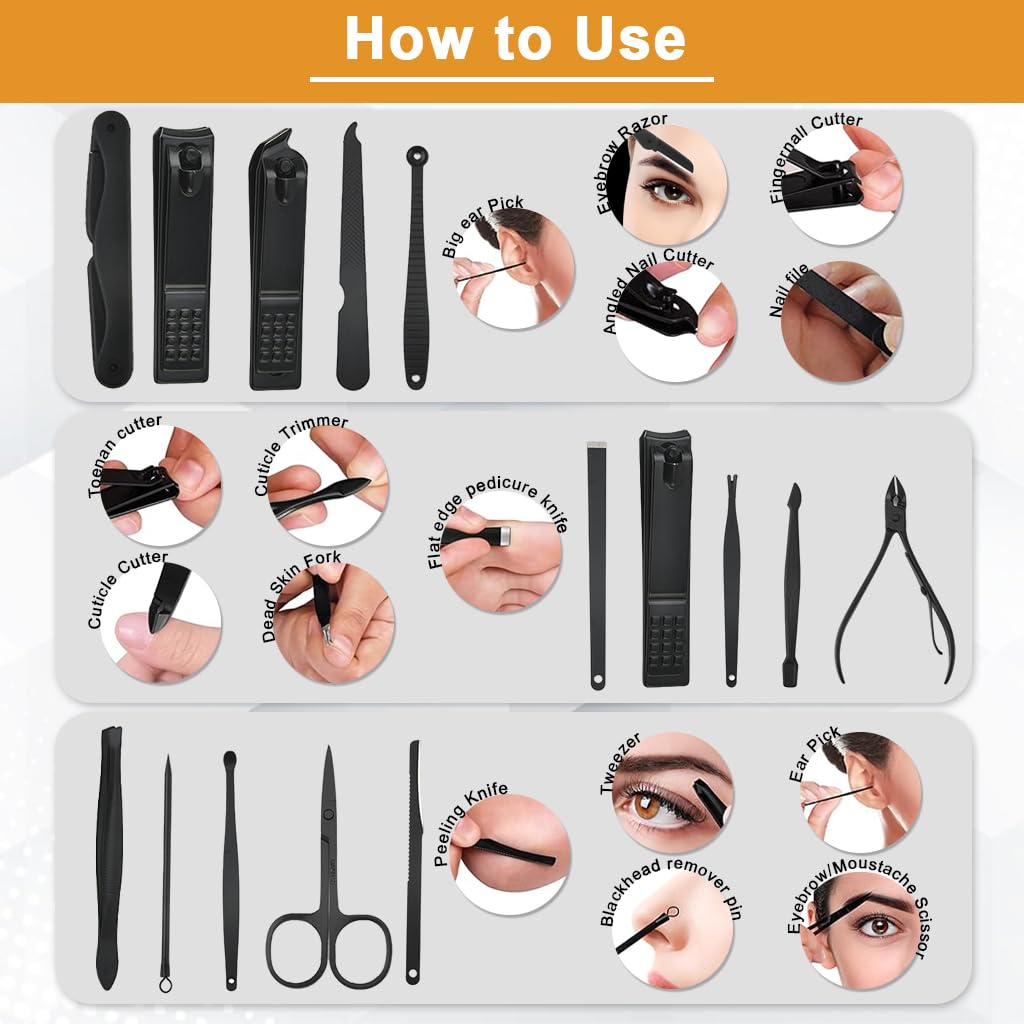 ZIBUYU Manicure Pedicure Kit with 15 Pcs Ergonomic Tools and Black Leather Case for Travel