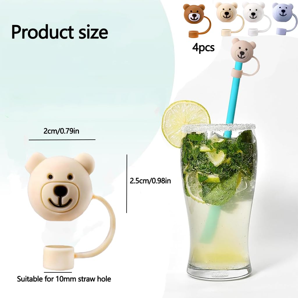 ZIBUYU Silicone Straw Toppers for Stanley Cups featuring Dustproof Leak-Proof Seal | 4Pcs 10mm Food-Grade Bear Tip Covers