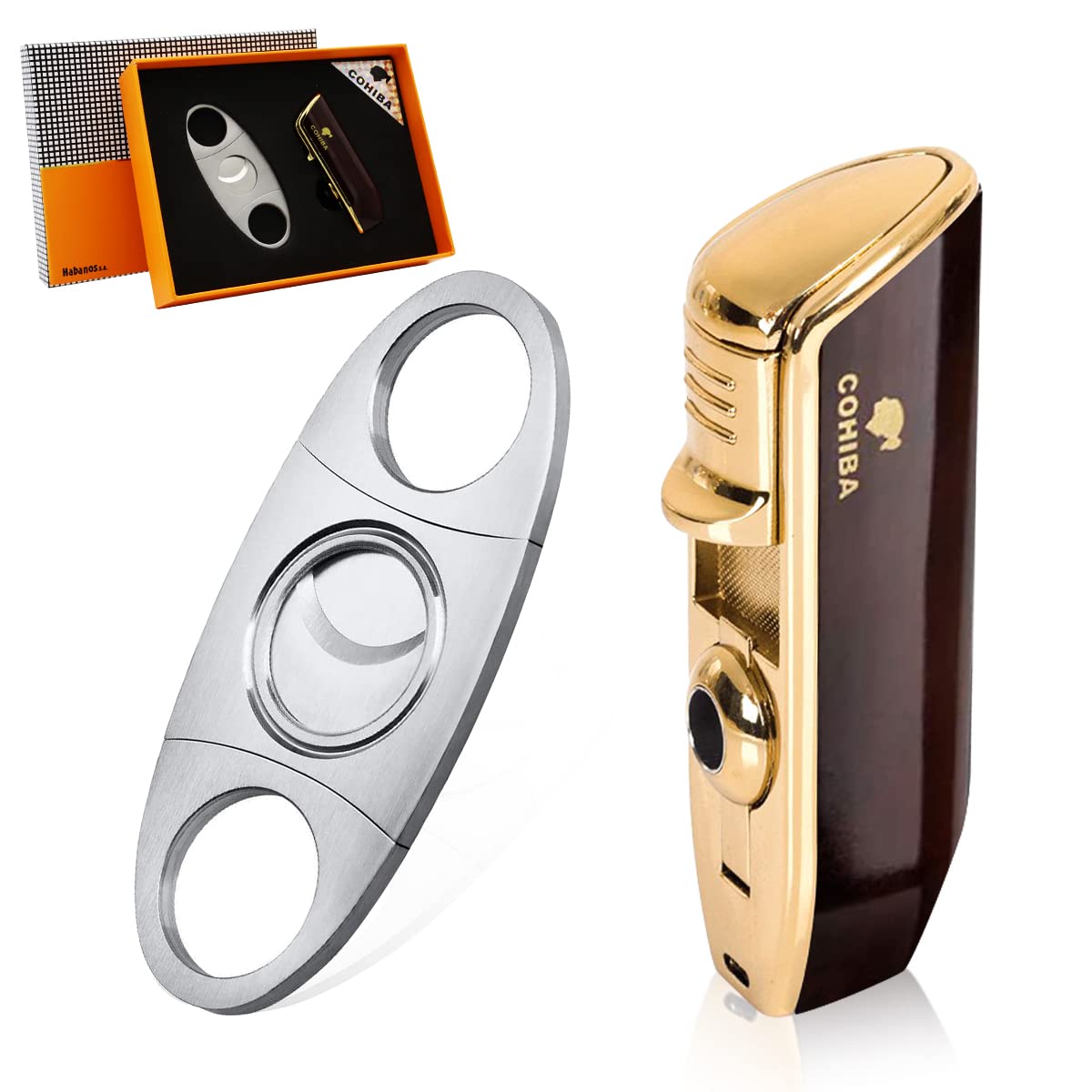 GUSTAVE® 2Pcs Cigar Cutter Cigar Lighter Set, Stainless Steel Cigar Cutter, Refillable Butane Lighter with Adjustable Flame, Perfect Combo of Cigar Accessories for Men - Without Gas