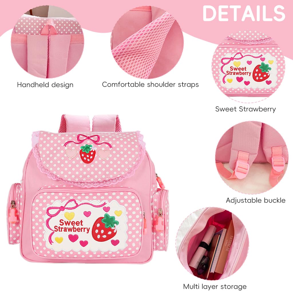 Zibuyu School Bag for Girls with 30x13x37cm Multi Pocket Canvas Design | Pink Strawberry Embroidery Backpack