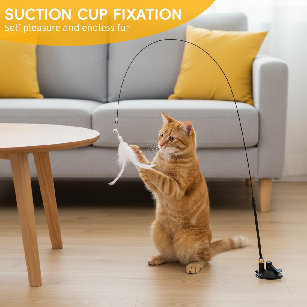 Qpets Cat Teaser Wand for Interactive Play with Suction Cup Base and Fiberglass Rod | Replaceable Feather Toy