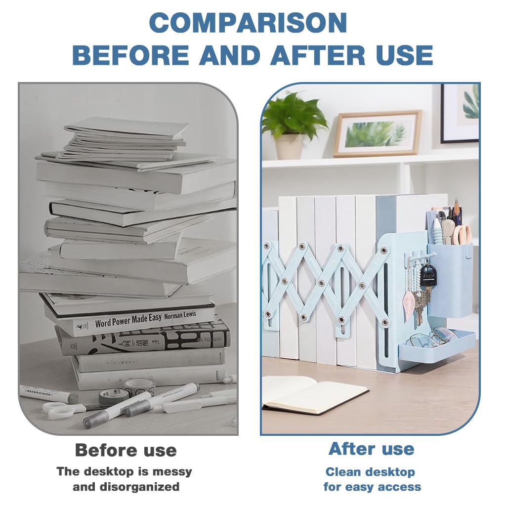 OFIFO Telescopic Bookshelf Desk Organizer with 17.7 in Adjustable Metal Frame & Utility Hooks