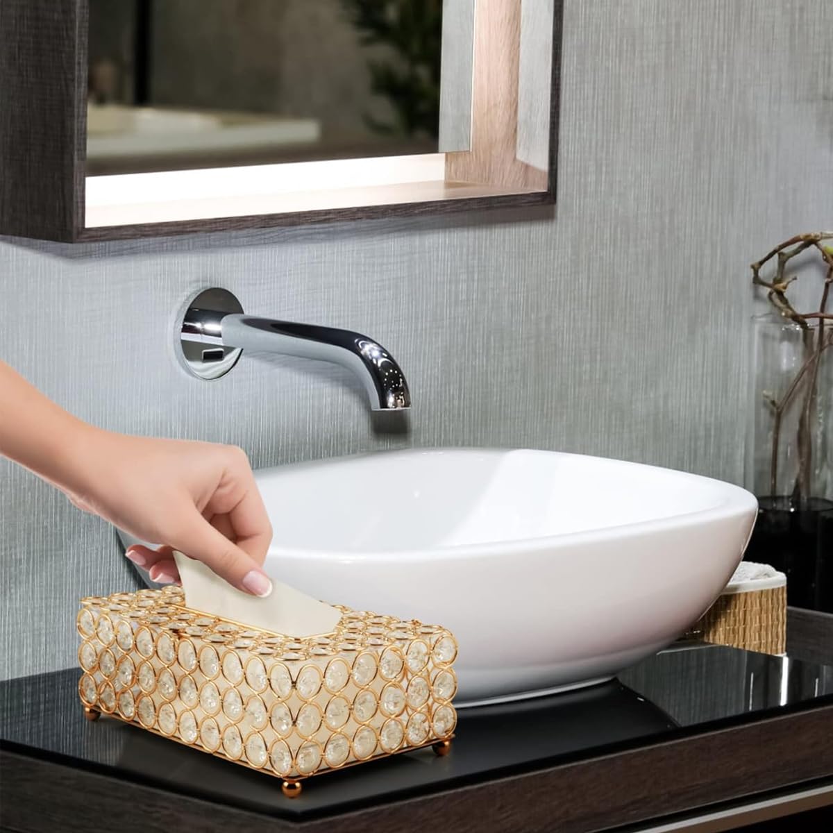 HASTHIP Tissue Box Holder for Bathroom and Dresser featuring Crystal Beads and Metal Frame 9x3.93x5.1 in
