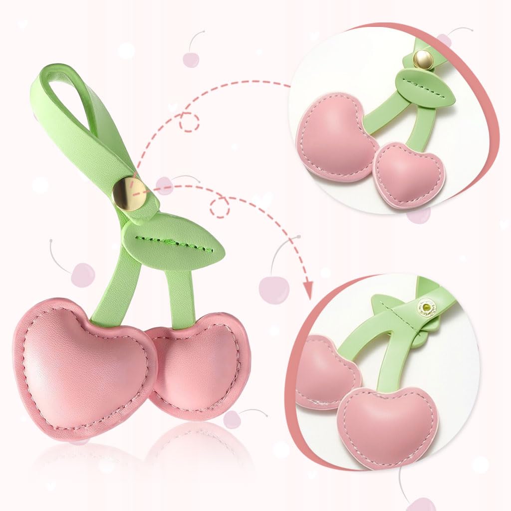 SANNIDHI Keychain for Handbags featuring Snap Button Closure with Pink PU Cherry Charm 7x11 cm | Cute Gift for Women and Girls