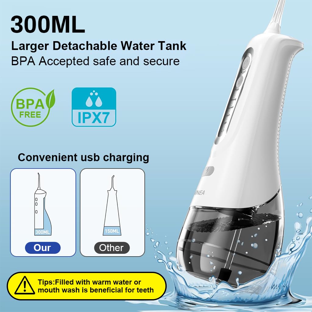 HANNEA Water Dental Flosser for Teeth with 300ml Detachable Tank and 6 Nozzles | Rechargeable IPX7 Waterproof Oral Irrigator