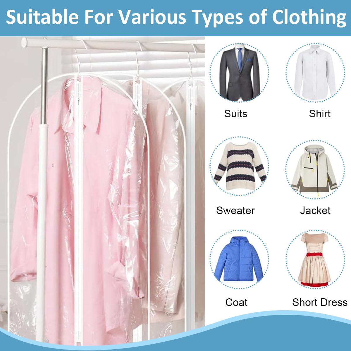 HASTHIP Garment Bags for Closet Storage with Hanger Hook Hole PEVA Clear Covers 10Pcs 23.62x39.37 in | Dustproof Zip-Up Clothes Protection