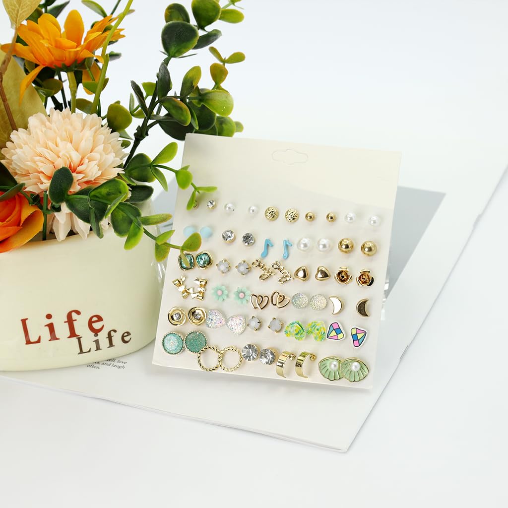ZIBUYU Earrings Set for Women featuring 30 Pairs Alloy and Faux Pearl Studs | Gift Ready