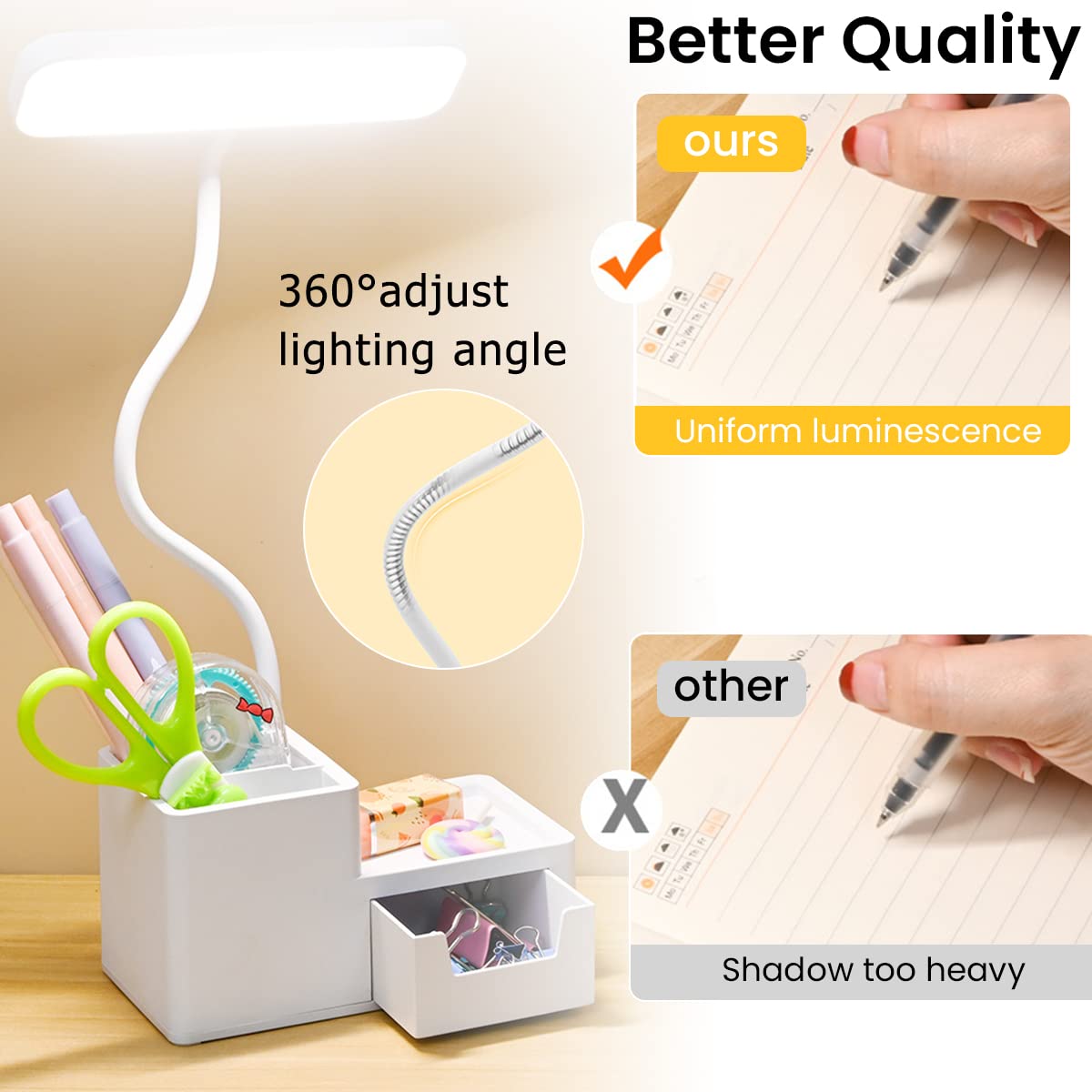 ELEPHANTBOAT Table Lamp for Study LED Light 2500mAh with Dual Pen Holder Flexible Gooseneck Night Study Lamp for Students Multifunction with Phone Stand and Storage Reading Lamp