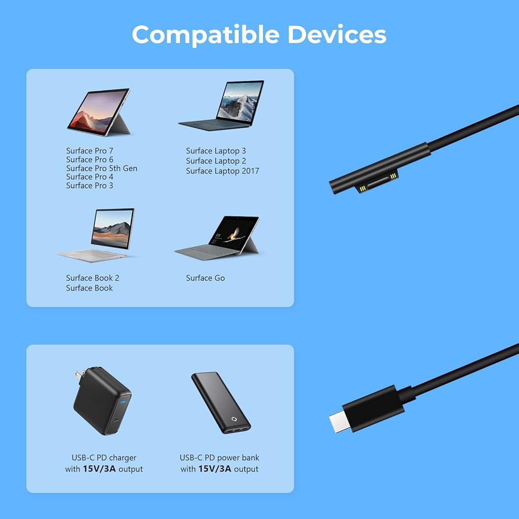 Verilux® 6ft USB C Charging Cable for Surface Pro 7/6/5/4/3, for Surface Laptop 3/2/1, 15V/3A 45W Fast Charging Cable for Surface Go, Surface Book, Black