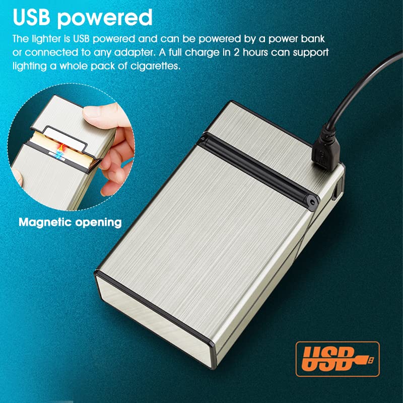 ELEPHANTBOAT Cigarette Case for 20pcs Cigarettes with USB Flameless Lighter and Magnetic Cap | Golden Brushed Aluminum Design