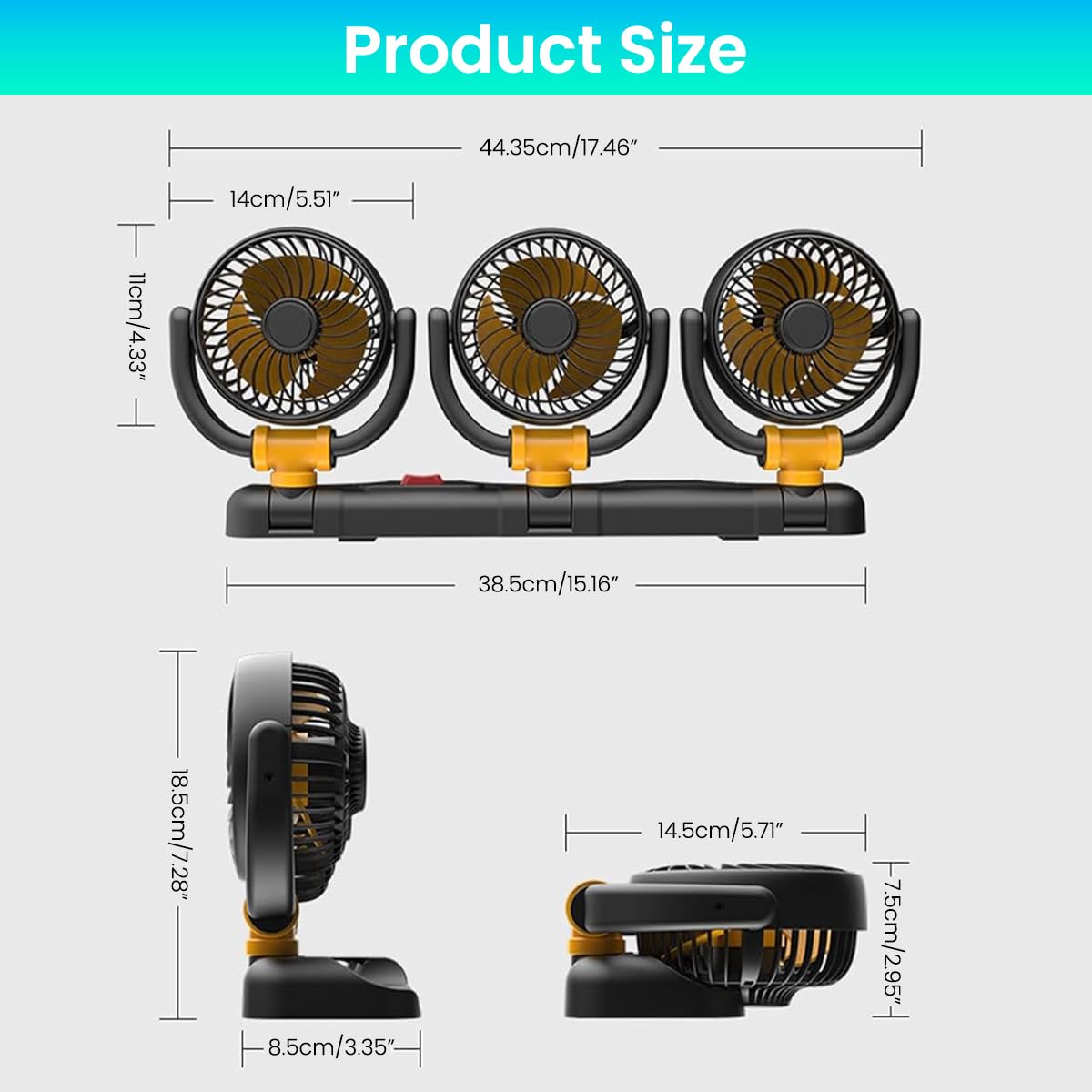 STHIRA 12V Electric Car Cooling Fan for Vehicles with 360° Rotatable Triple Heads | 2 Speed Air Circulator