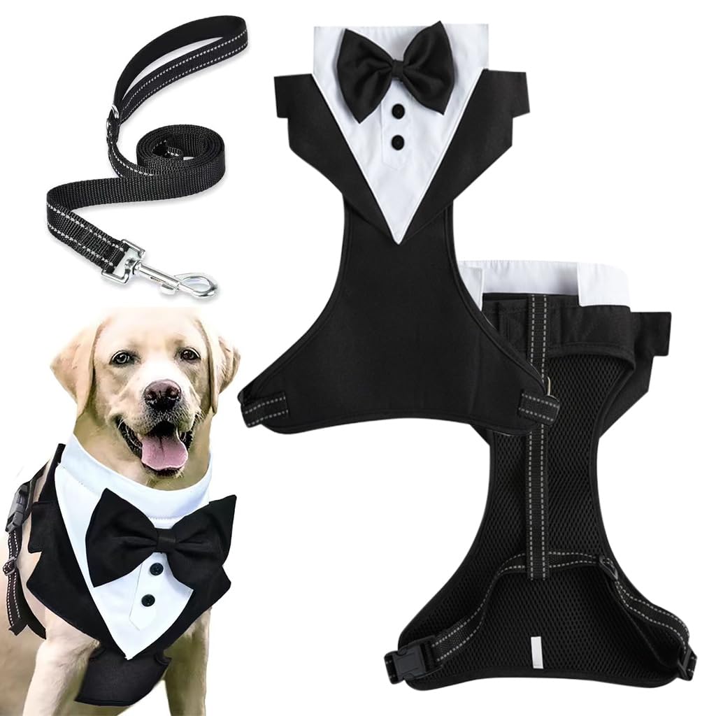 Qpets® Dog Tuxedo Harness, Fashionable Dog Tuxedo Harness Set with Traction Rope and Chest Harness, Dog Vest Pet Suit Holiday Dress Puppy Kitten Wearing, M