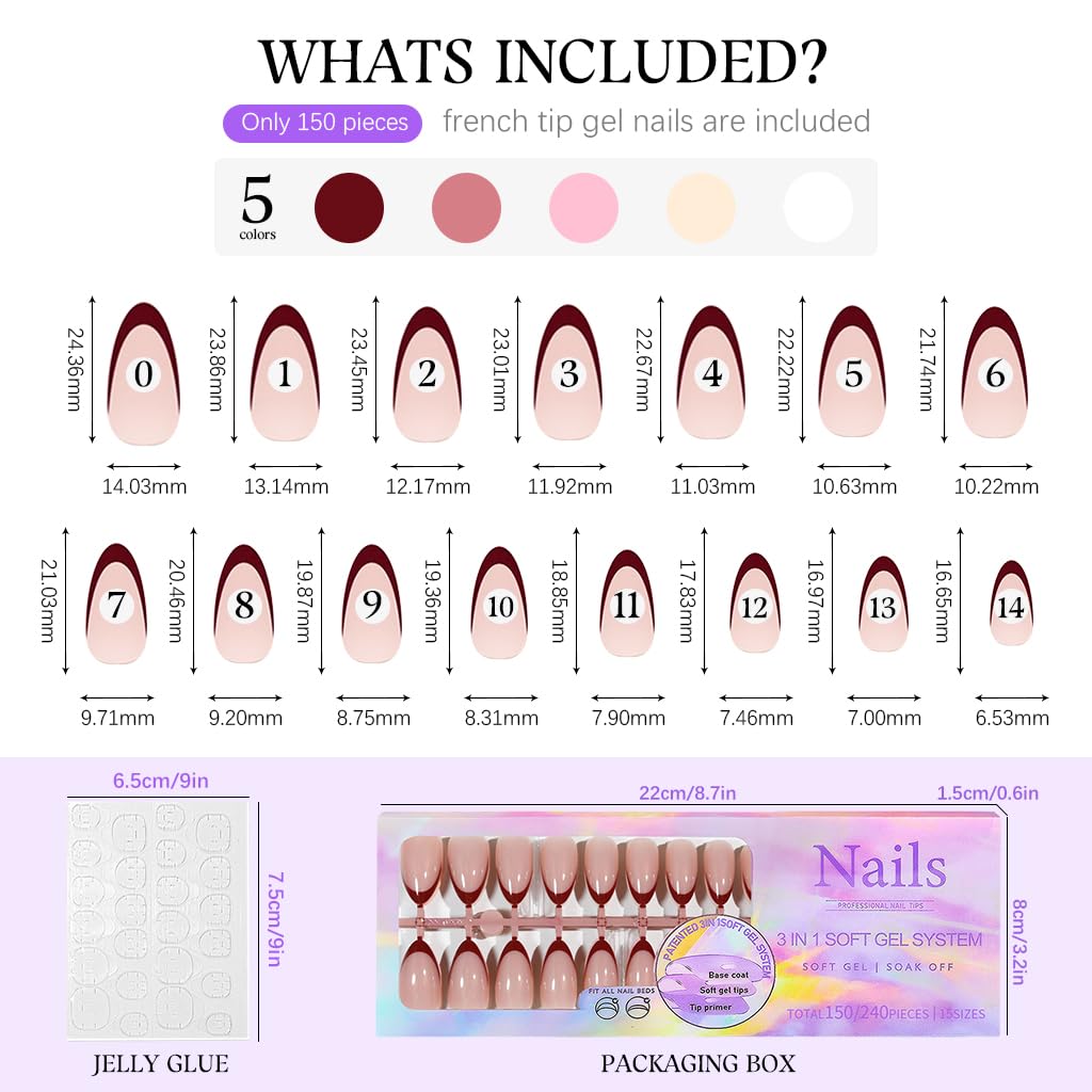 HANNEA Almond Shape Press On Nails for French Tip Manicure with 150pcs Multi Size Set