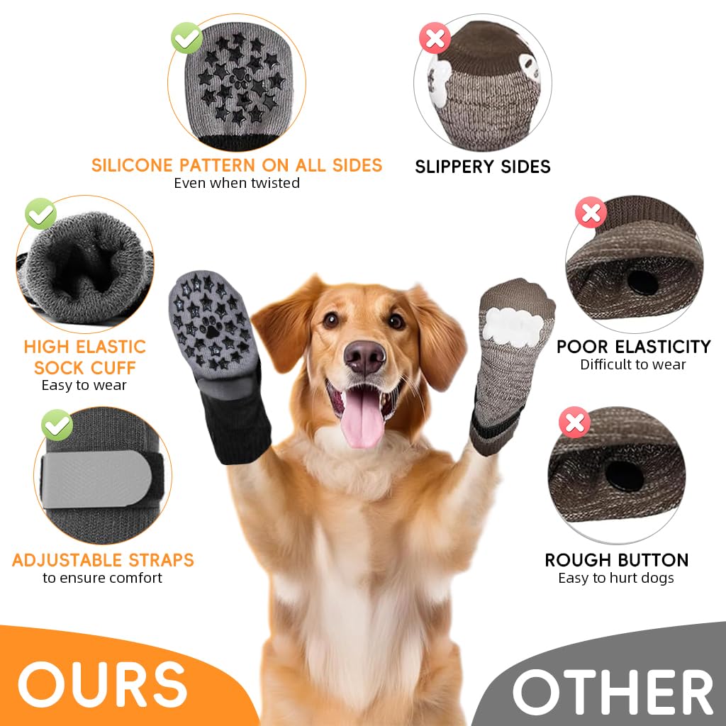 Qpets Dog Socks for Paw Protection with Reflective Adjustable Straps and Non Slip Grip | 4pcs 8cm Width Cotton