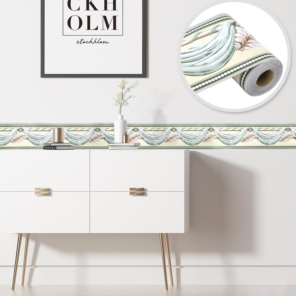 HASTHIP Wall Border Sticker - 3.9''×29.5 Ft Self-Adhesive Floral Trim PVC Frame Sticker, Kitchen Bathroom Waterproof Wallpaper Border Self Adhesive Tiles Sticker for Room Decor, Cupboard (Green)