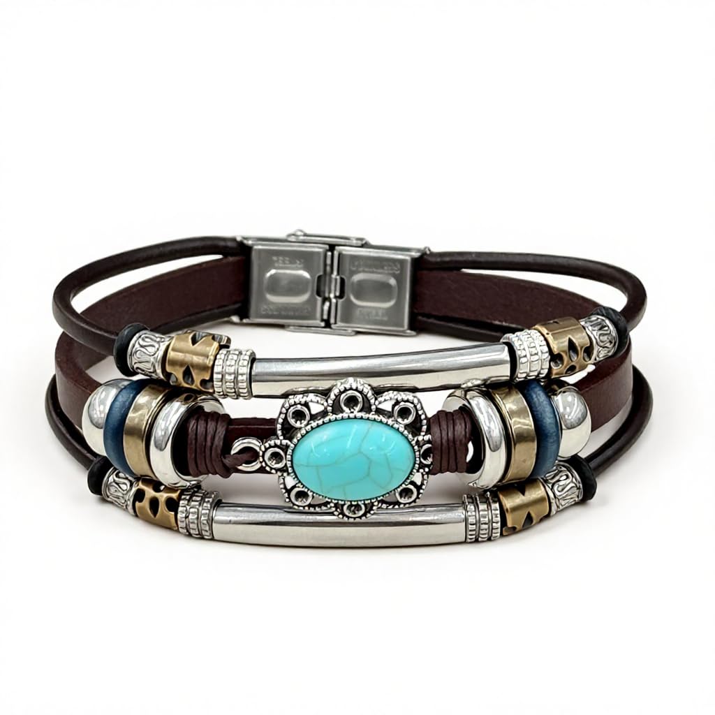 GUSTAVE Leather Bracelets Set for Men and Women with Turquoise Stone & Braided Layers | Handmade Adjustable Bohemian Cuff