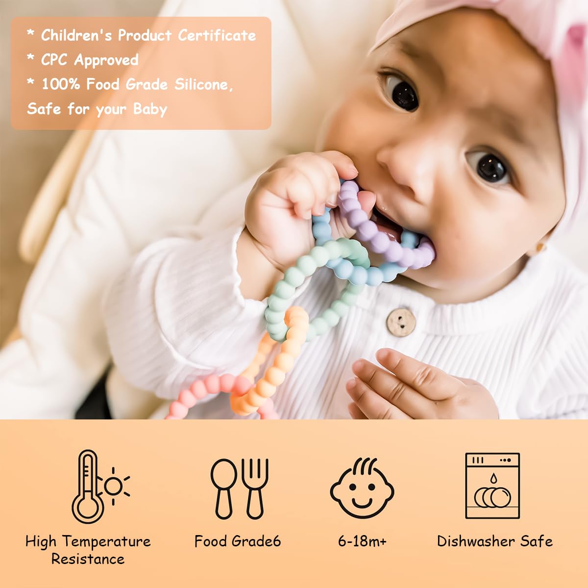 SNOWIE SOFT Baby Teether Toy for 0-24 Months with 5 Loop Design and Stainless Steel Clip | Food Grade Silicone for Safe Chewing and Sensory Development