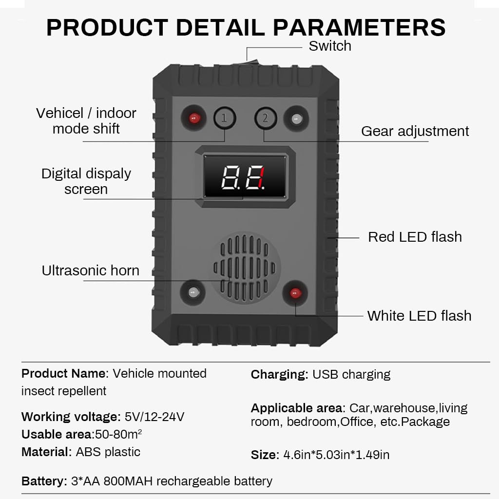 HASTHIP® Ultrasonic Animal  Repeller for Car Rodent Repeller for Car Battery Operated Mouse Repeller Under Hood Rodent Repeller with Strobe Light USB Dual Power Supply Home Vehicle Mouse Repeller