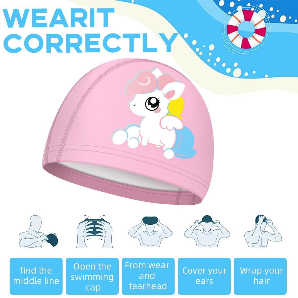 Proberos® PU Swim Cap for Kids, Cartoon Unicorn Swimming Cap for Girls Elastic PU Swim Cap, Swimming Cap for Child Aged 2-12 Years Old, Pink