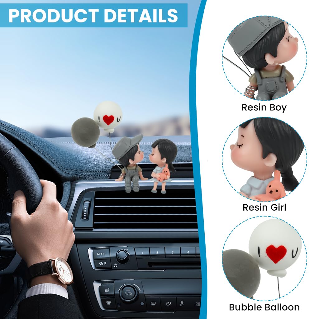 ZIBUYU Car Ornament for Dashboard and Mirror with Adhesive Base 9x5x3cm Resin Couple Figurine | Grey Romantic Décor Gift