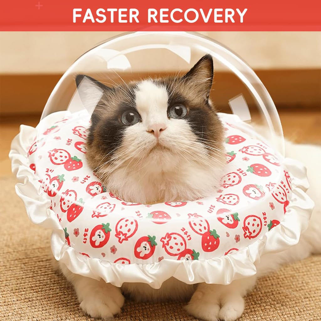 Qpets Cat Recovery Collar for Post Surgery Comfort with Adjustable Cotton Drawstring featuring Sweet Strawberry Design | Fits 12–25 cm Necks
