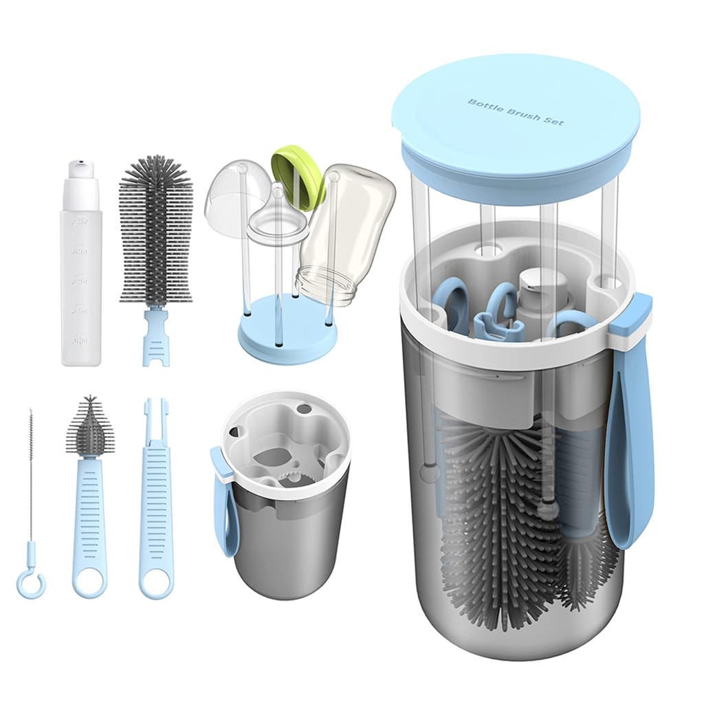 ZIBUYU Baby Bottle Cleaning Brush Kit with 2 in 1 Storage Case and Silicone Heads | 6 in 1 Travel Set