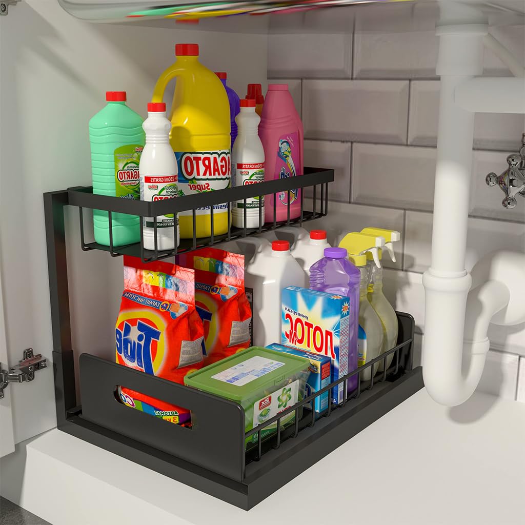 HASTHIP Under Sink Organizer for Kitchen and Bathroom with 2 Tier Pull Out Metal Shelves | Sliding Storage Rack