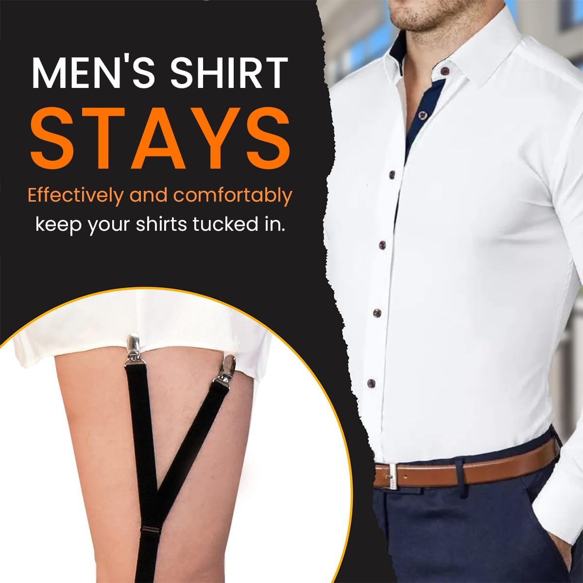 GUSTAVE Shirt Stays for Men with Dual Clip Strap and Foot Loop | 1 Pair Black Elastic