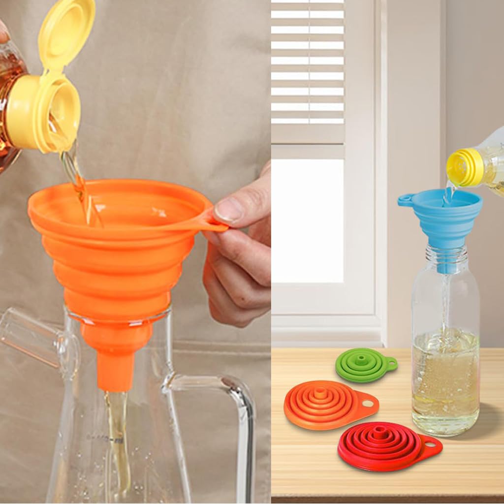 ZIBUYU Collapsible Silicone Kitchen Funnel Set of 4 for Easy Liquid Transfer featuring Foldable Space Saving Design