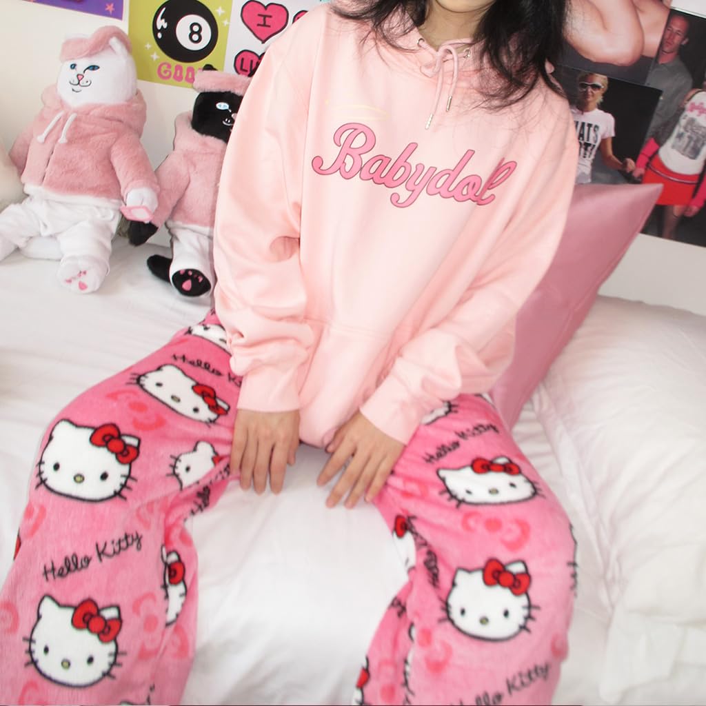 Venzina® Women's Pajamas Bottom Winter Warm Flannel Pink Hello Kitty Home Wear Pants Elastic Waist Warm Plush Trousers Daily Wear Cozy Home Wear Pants, L