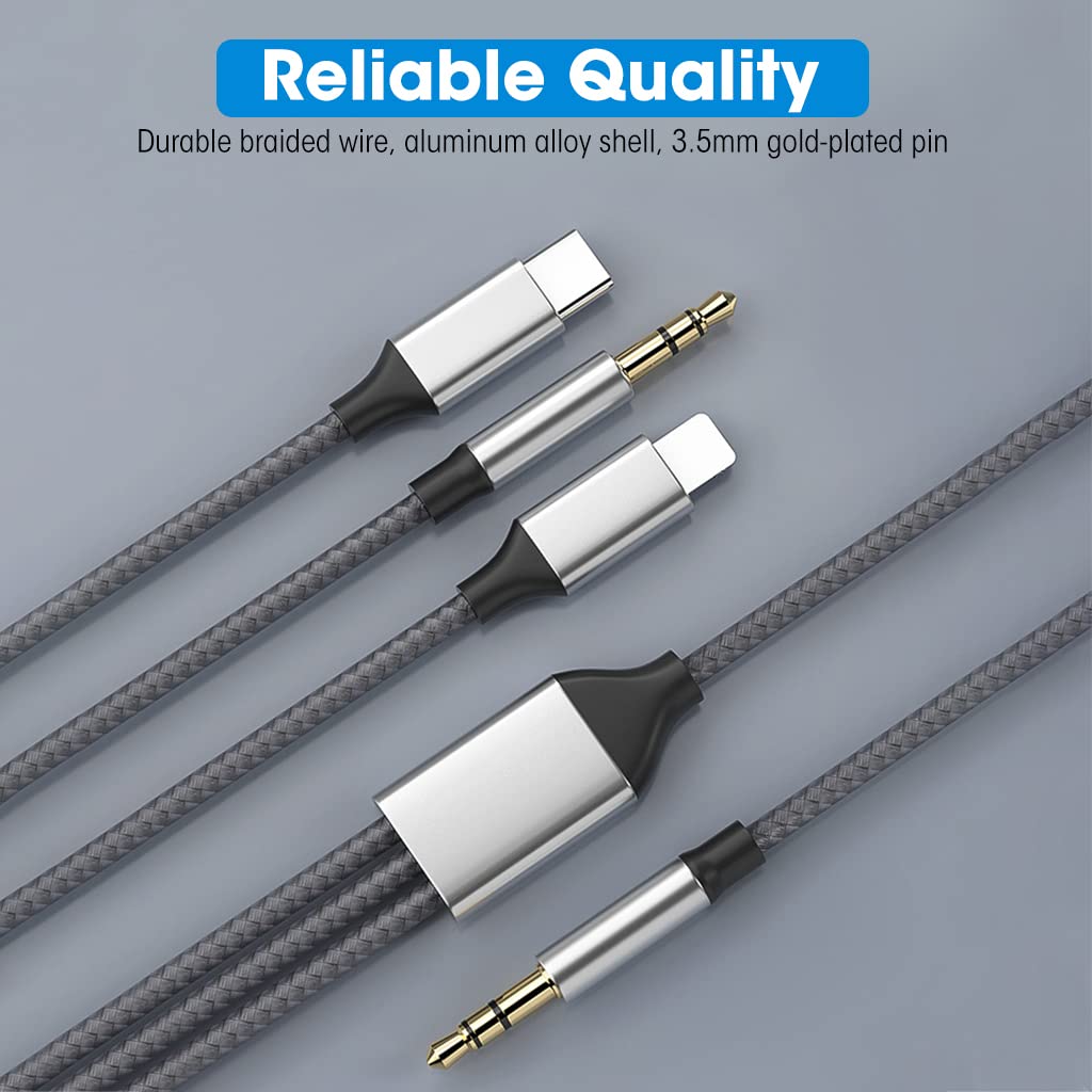 Verilux 3 in 1 Aux Cable for Car and Speakers with 1.2m Nylon Braid | Type C and Lightning