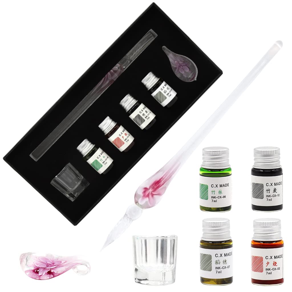 Climberty Glass Dip Pen Set for Calligraphy with 4 Colors Ink and Crystal Pen Holder | Gift Box