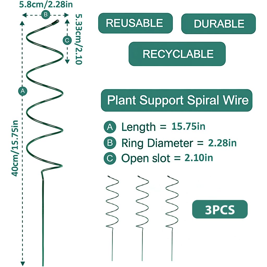 HASTHIP Plant Support Stick 3 pcs 15.75 in for Indoor and Outdoor Planters featuring Spiral Metal Design