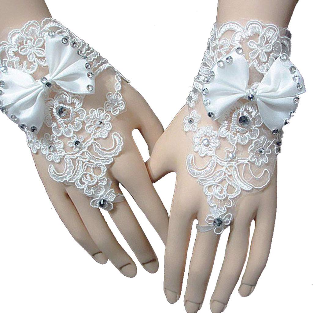 PALAY Bridal Gloves White for Wedding Lady Formal Banquet Party Bride Bowknot Rhinestone Pierced Lace Wedding