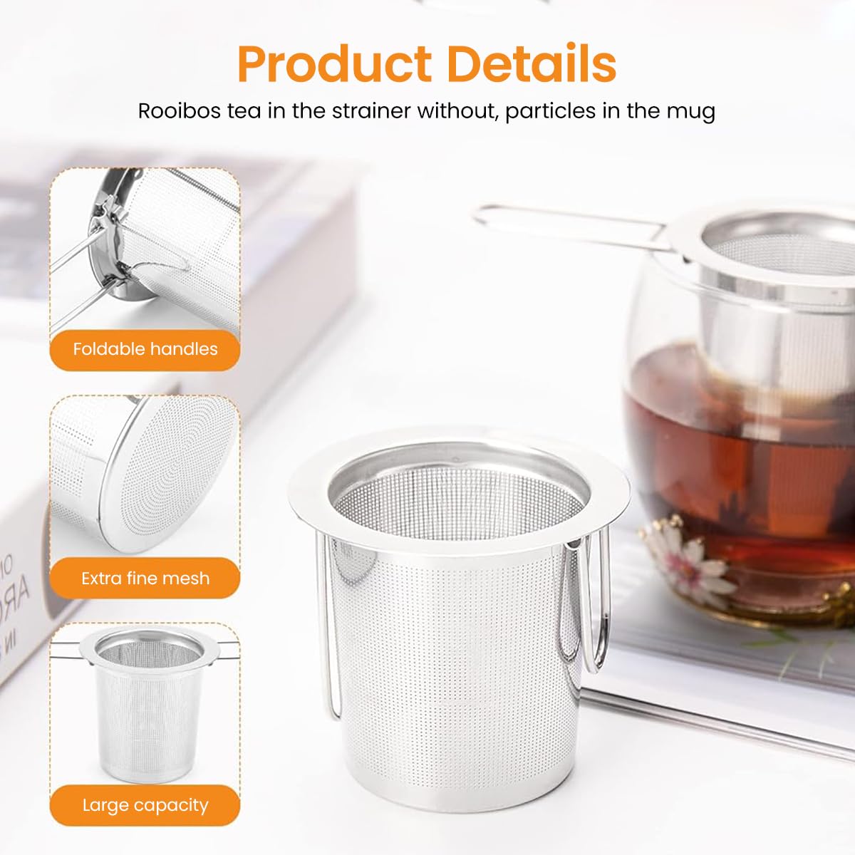 Zeitel Tea Infuser for Loose Leaf Brewing with Folding Handles 5.1 in Fine Mesh 304 Stainless Steel