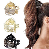 PALAY® 3 Pack Hair Claw Clips for High Ponytail, Metal Pearl Crystal Crown Hair Clips for Women Girls, Stylish Small Ponytail Holder Buckle for Thick Long Hair, Decorative Hair Accessories