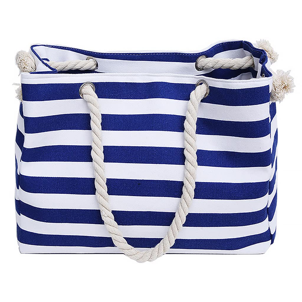 PALAY Hand Bag for Women for Travel and Daily Use featuring Braid Rope Handles and Zipper Closure | 23.6 x 15 x 7.5 in Blue Stripy Cotton Polyester Tote