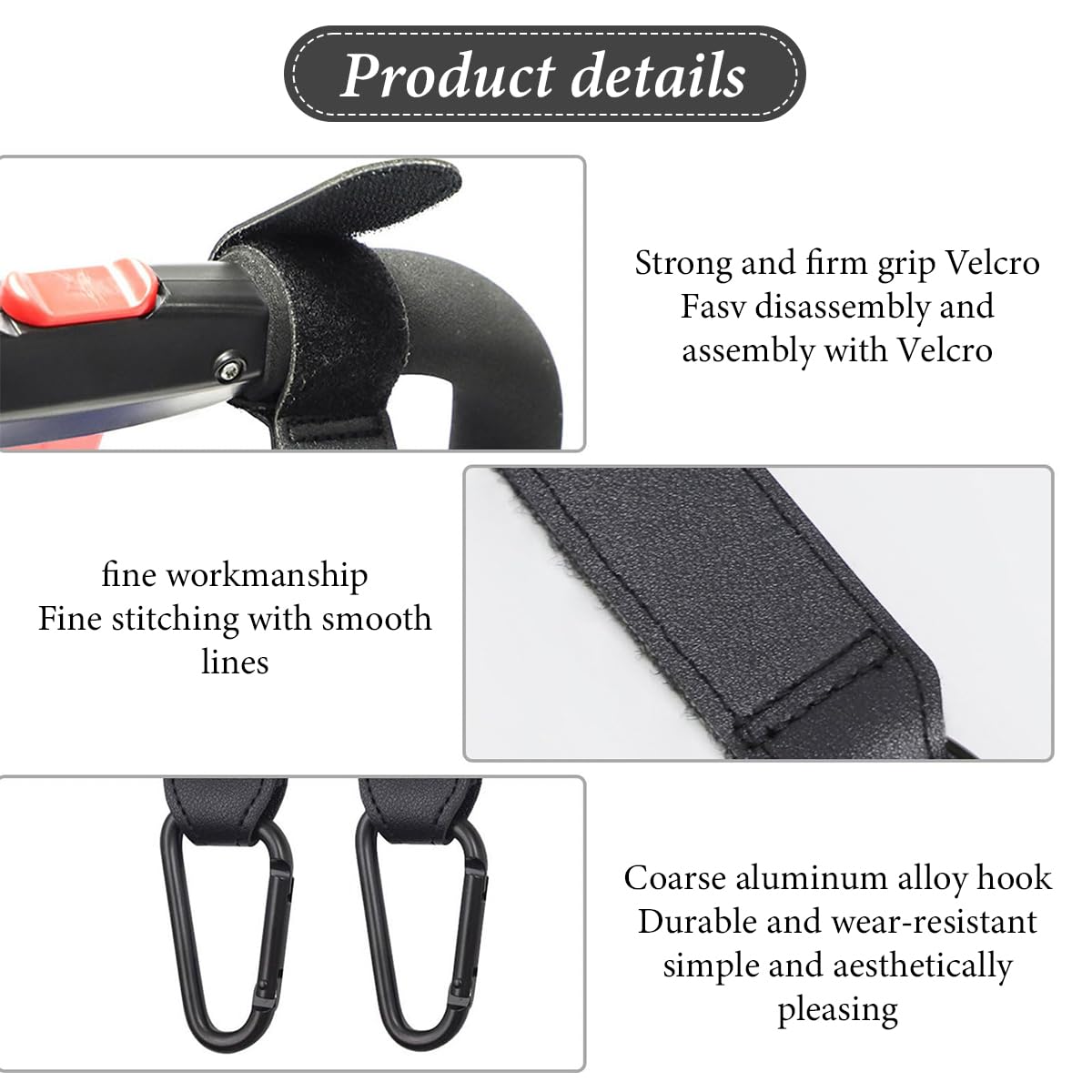 SNOWIE SOFT Stroller Hook 2pcs for Pram and Pushchair with PU Leather Strap and Carabiner | Black