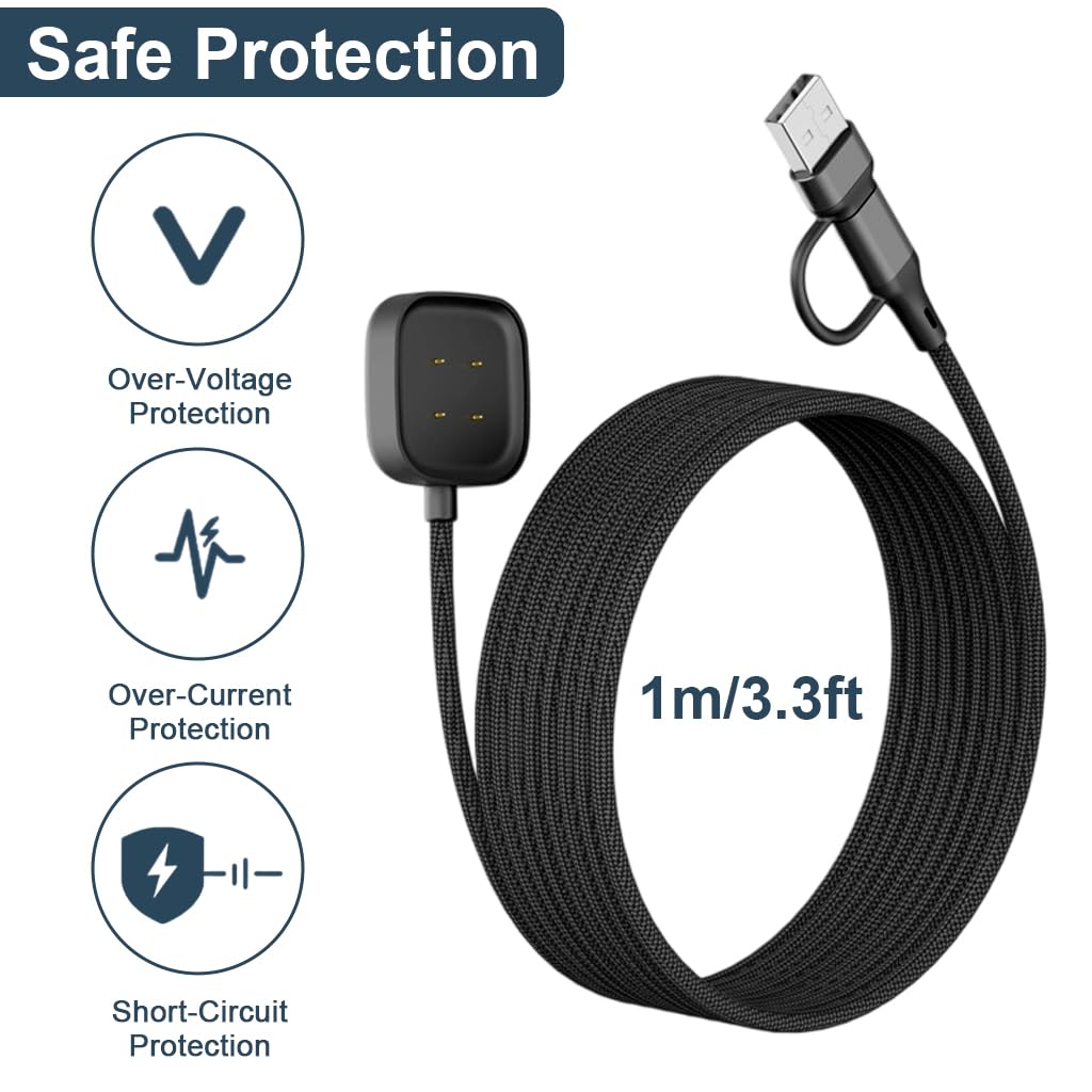 ZORBES Charger for Fitbit Sense 2 Versa 4 and Versa 3 featuring Dual USB C A Connectors and 3.3ft Nylon Cable