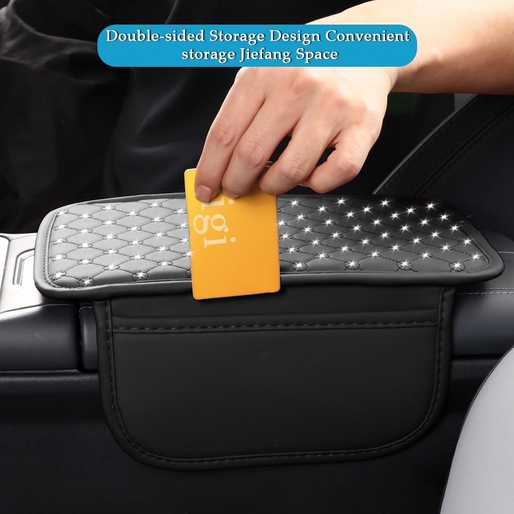 STHIRA Car Arm Rest for Center Console with Storage Pouch and Rhinestone Quilting 30x20cm