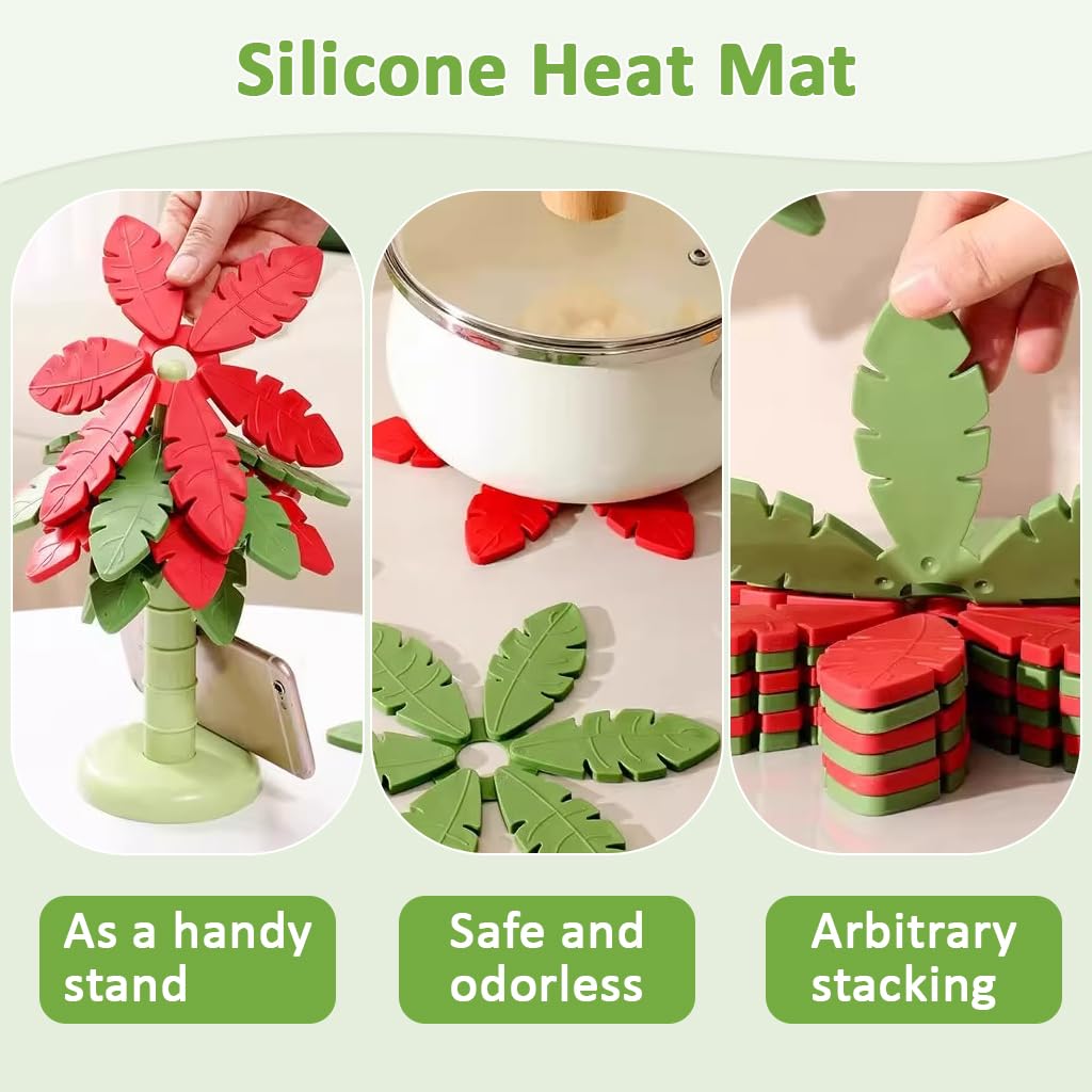 HASTHIP Silicone Tea Coaster Set for Dining Table with Decorative Holder 3pcs | Tropical Leaf Design