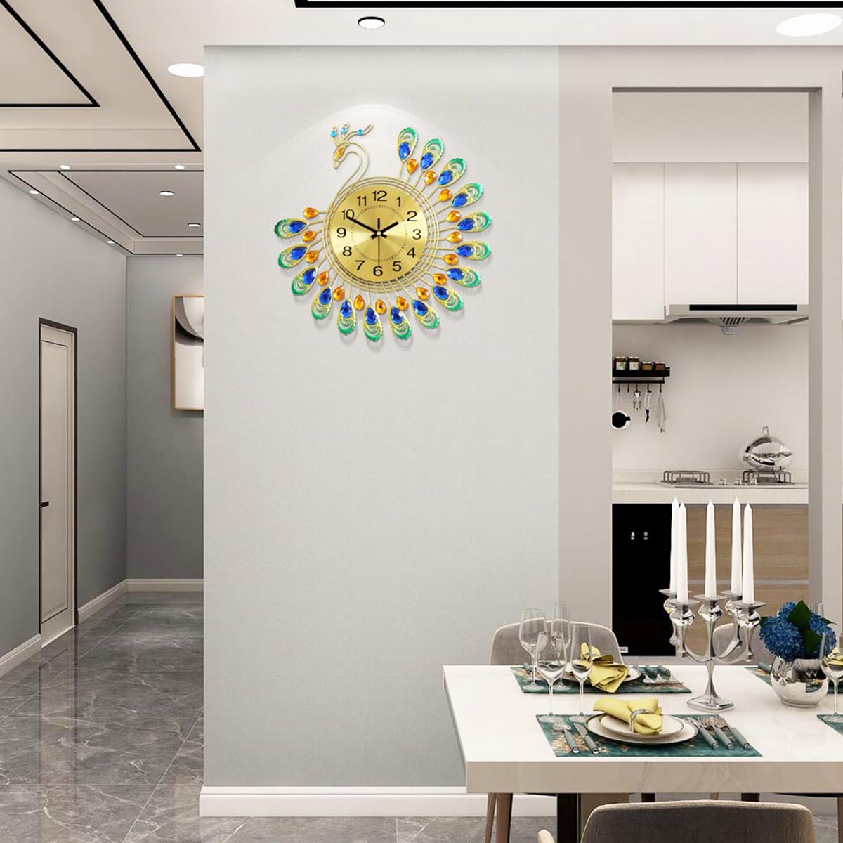 HASTHIP Peacock Metal Wall Clock for Home Décor with Silent Quartz Movement and 15 Inch Design
