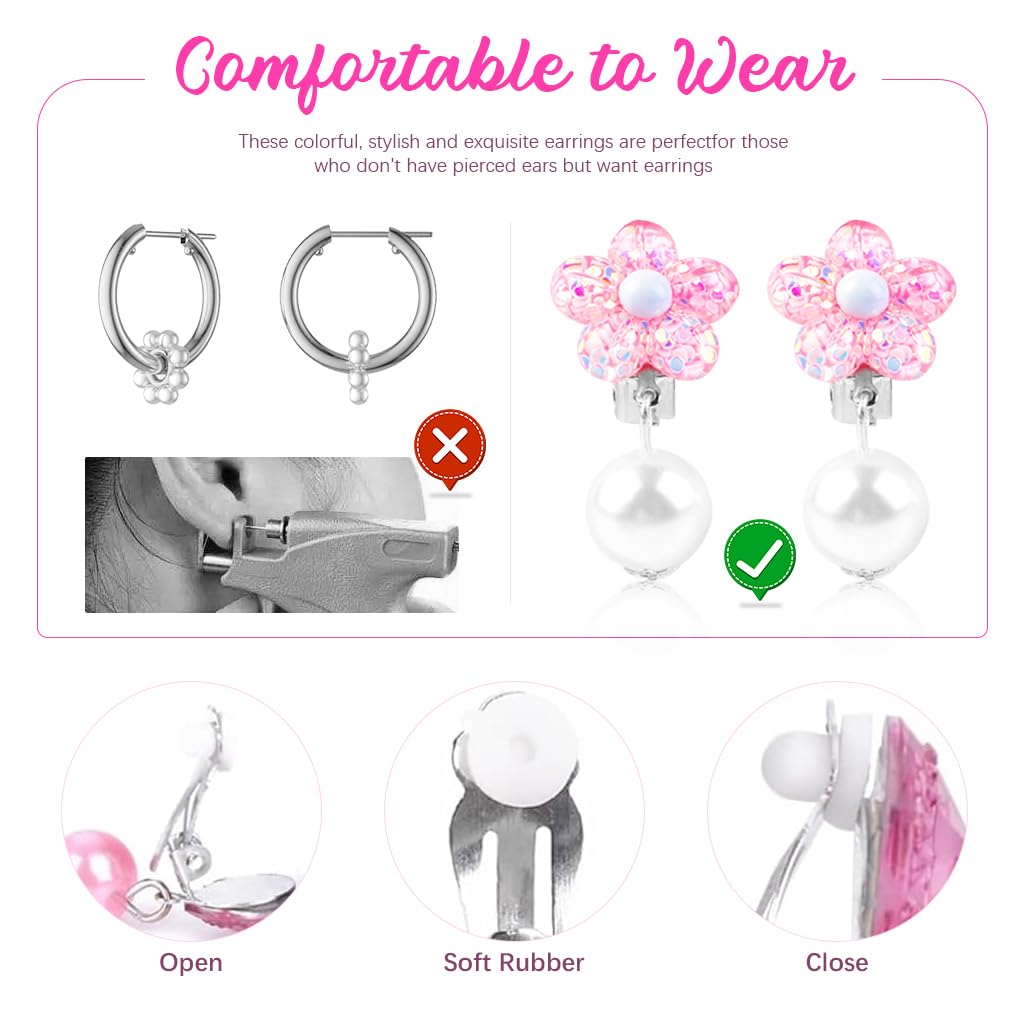 PATPAT Girls Clip On Earrings Set for Dress Up with 7 Pairs Resin Designs | Non Piercing Jewelry