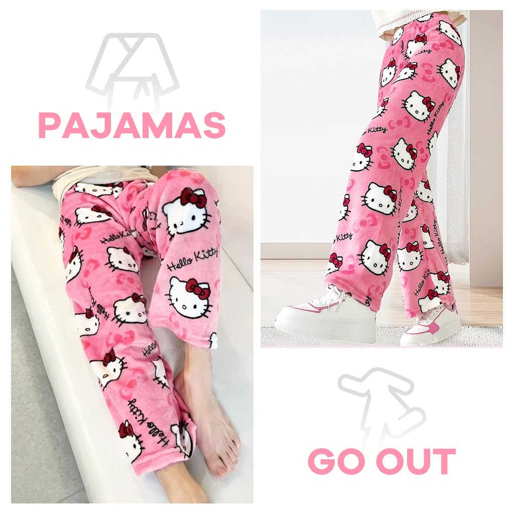 Venzina® Women's Pajamas Bottom Winter Warm Flannel Pink Hello Kitty Home Wear Pants Elastic Waist Warm Plush Trousers Daily Wear Cozy Home Wear Pants, L