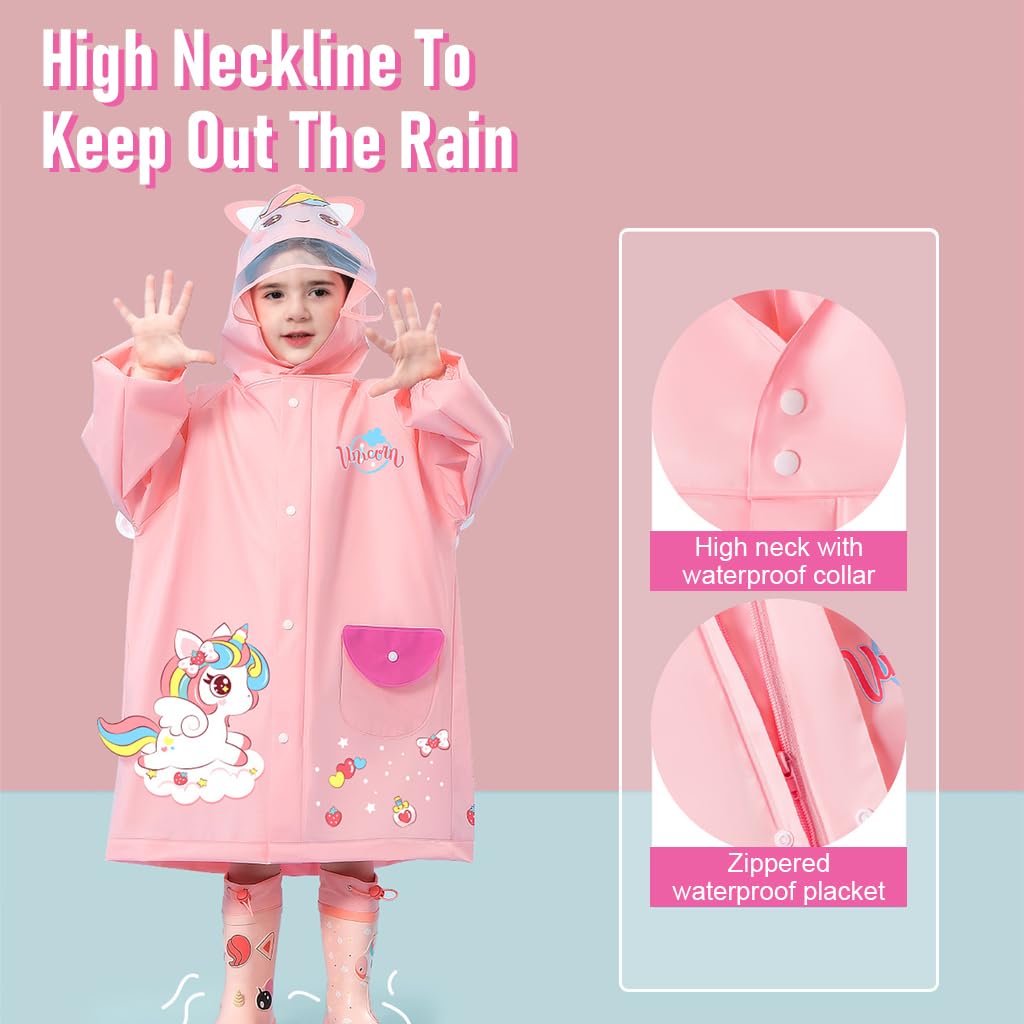 SNOWIE SOFT® Hooded Raincoat for Kids Wide Brim Raincoat for Kids 3-4 Years EVA Student Kids Rain Coat for Girls with School Bag Rain Cover Unicorn Print, Recommended Height 115-125cm, L